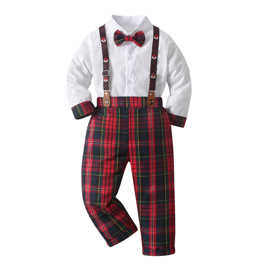 Plaid Overall Shirt Set With Bow