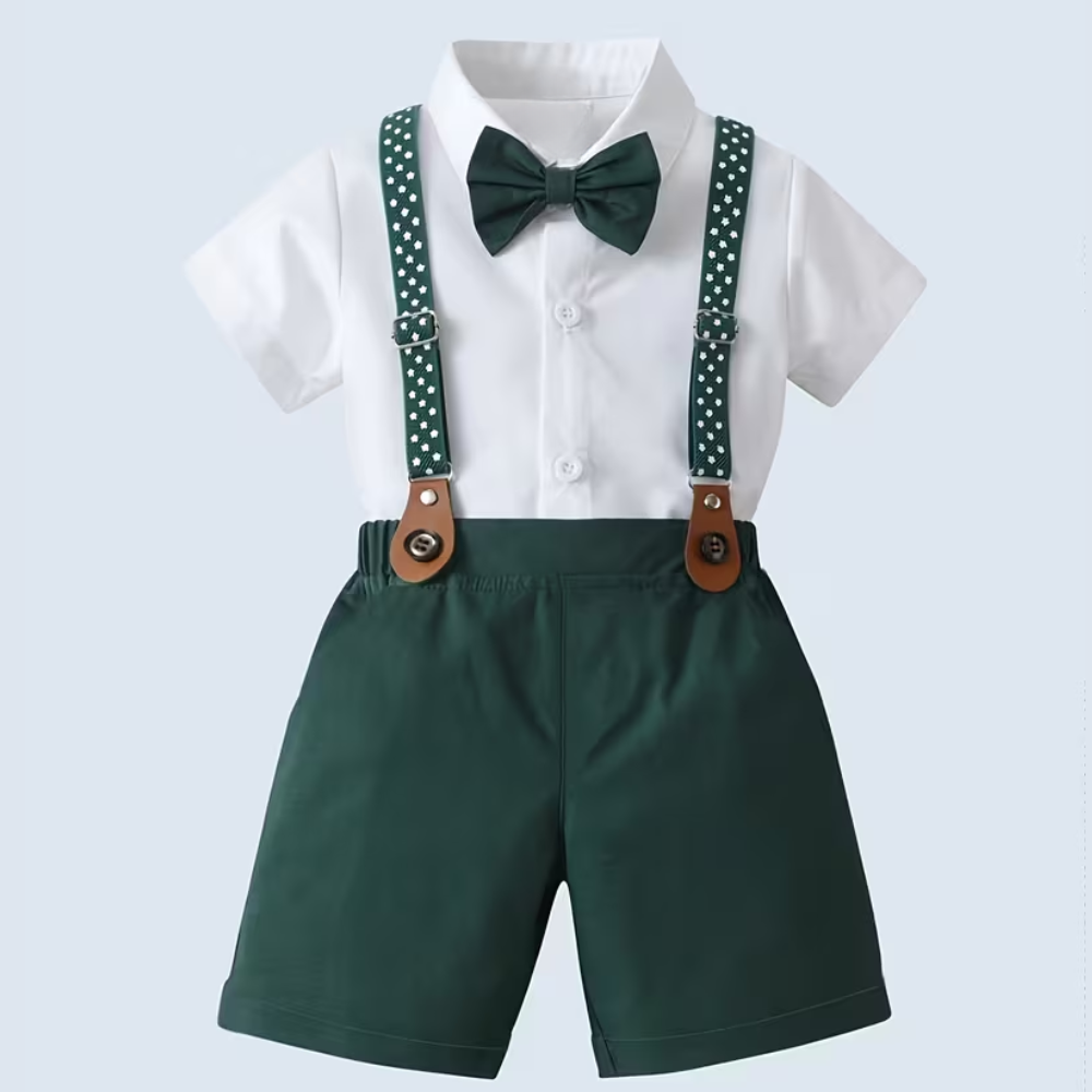 Formal Outfit Set With Short Sleeve Shirt Bowtie And Suspender Shorts