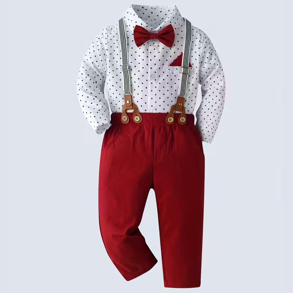 2 Piece Of Gentleman Outfit With Bow Tie Shirt And Suspender Pants Set For Boys