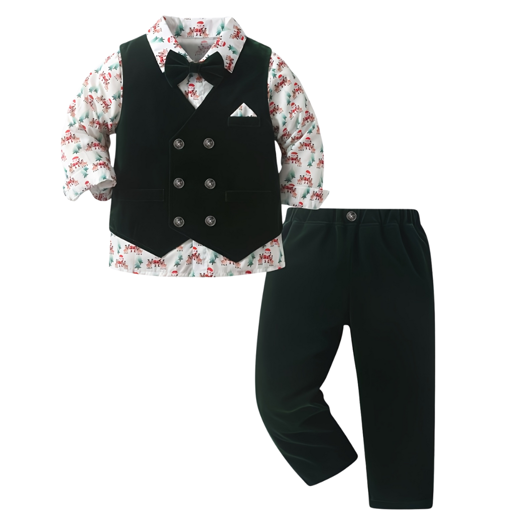 3 Piece Vest Shirt With Bow Tie And Pant Set For Boys