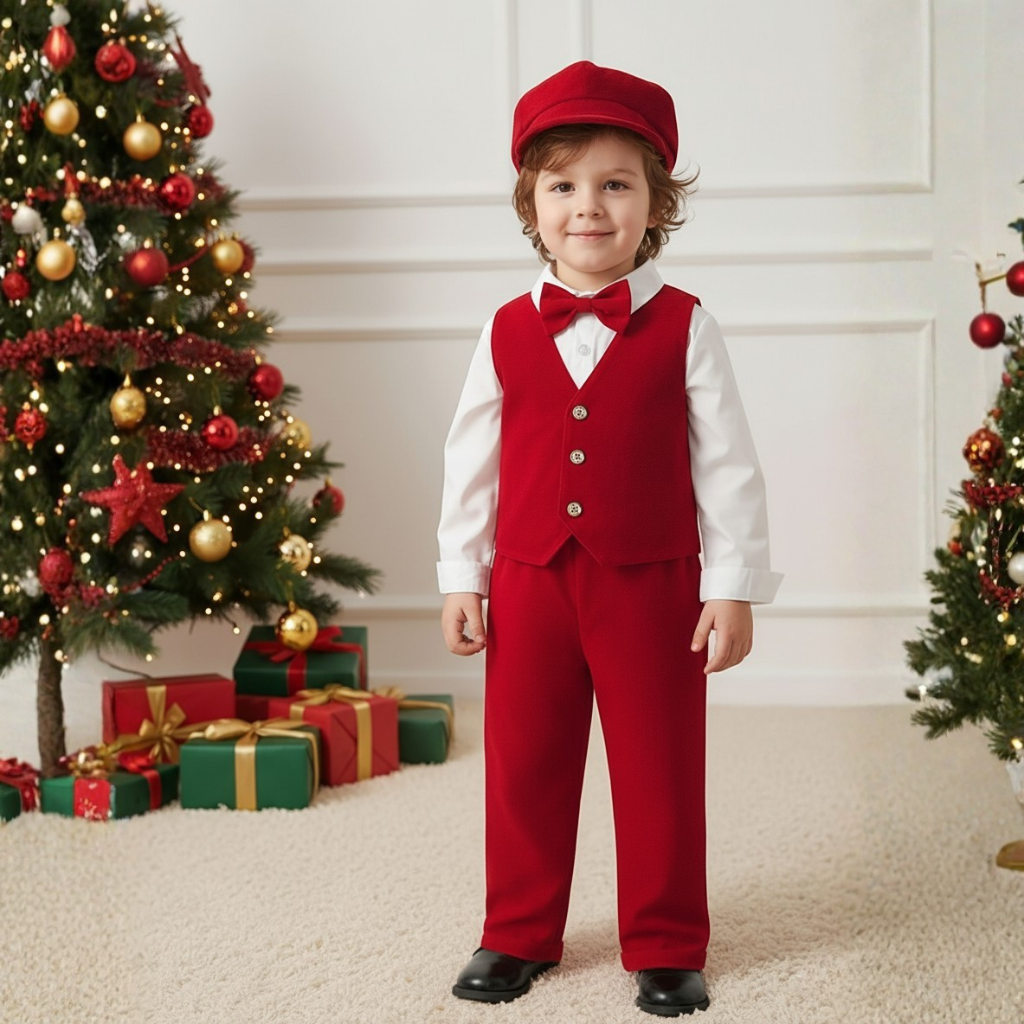 Gentleman Four Piece Suit Set With Shirt Vest Pants And Hat For Boy