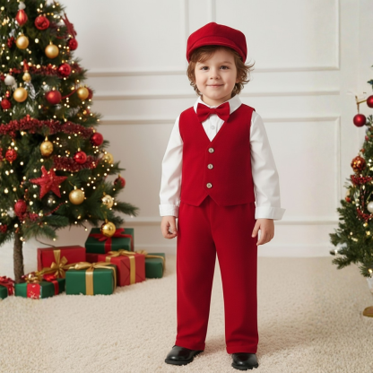 Gentleman Four Piece Suit Set With Shirt Vest Pants And Hat For Boy