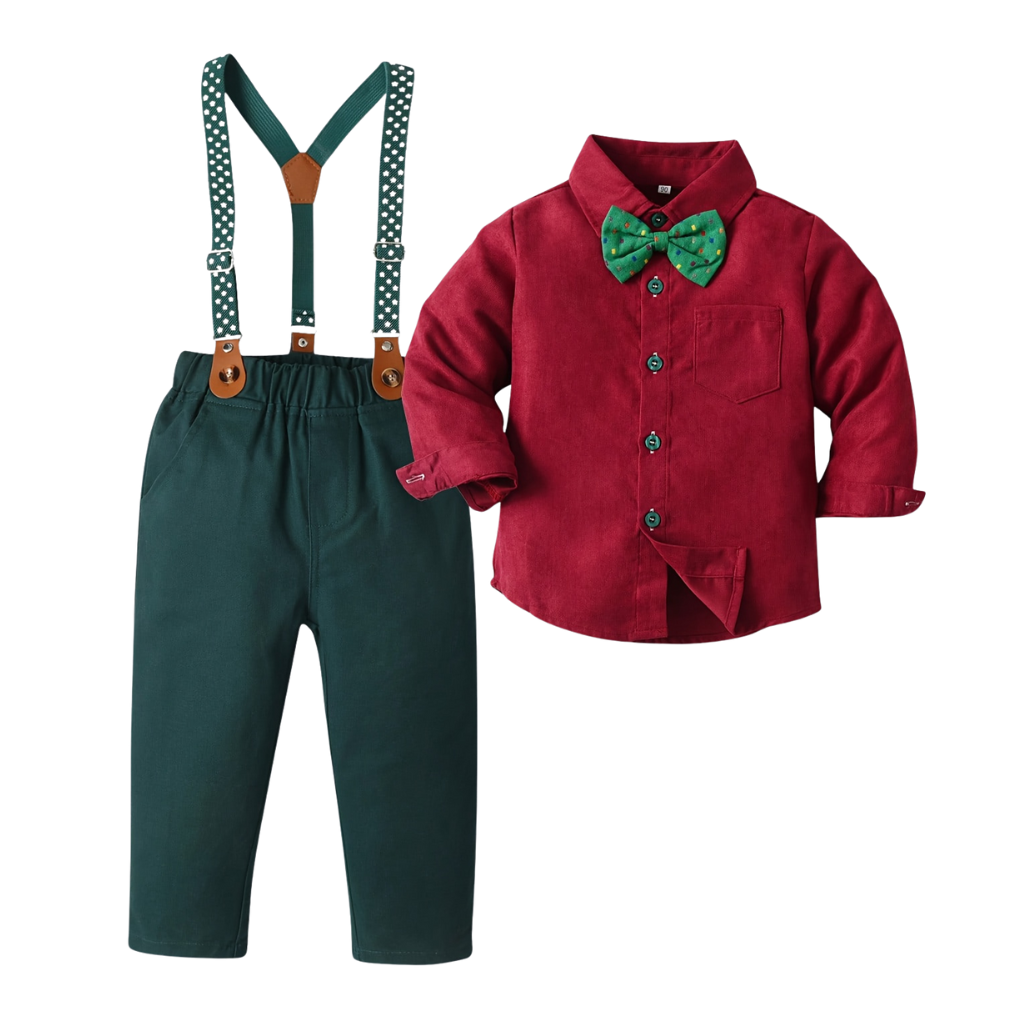 Two Piece Set With Long Sleeve Front Button Shirt Bow Tie And Pants For Boy