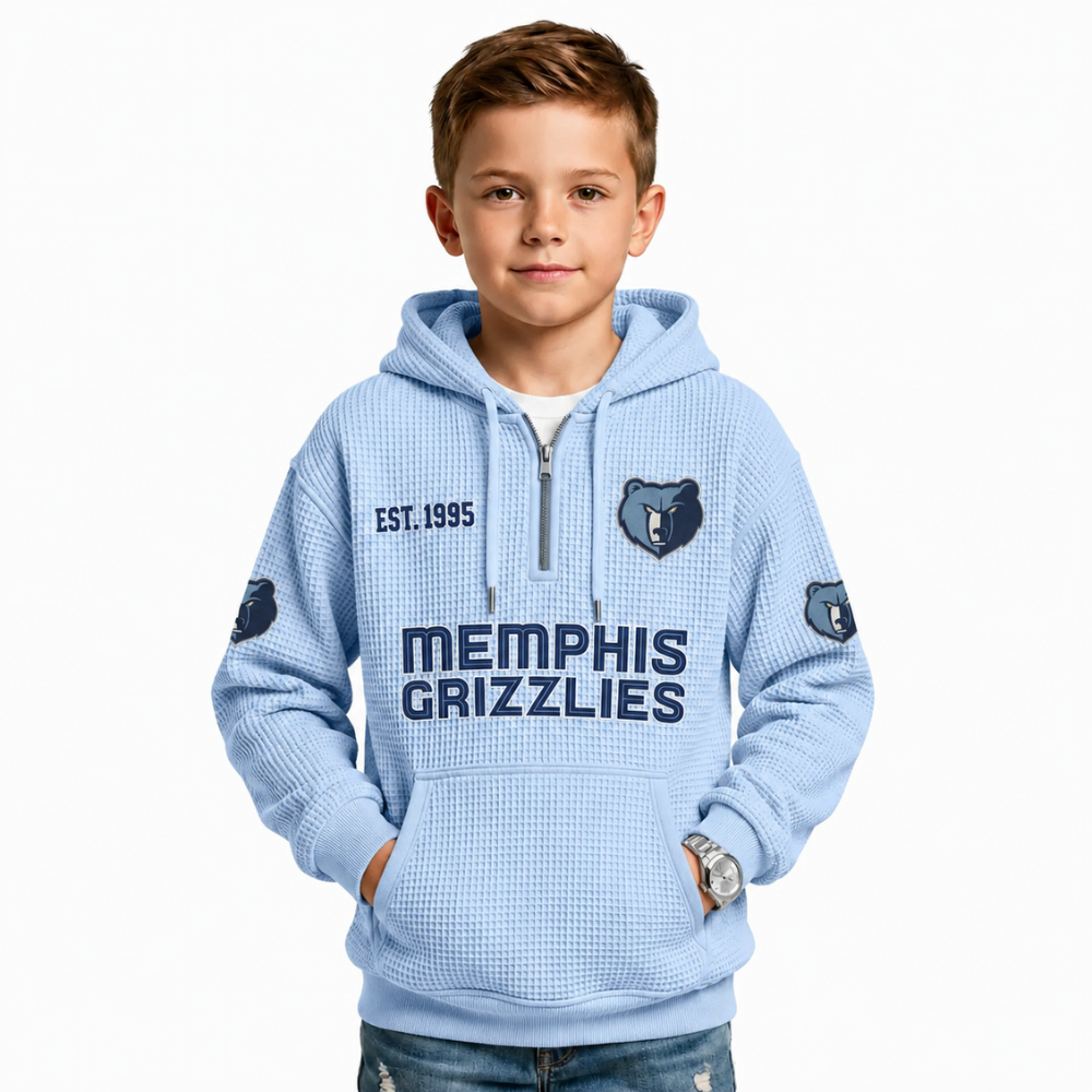 Memphis Grizzlies EST 1995 Printed Waffle Quarter Zip Basketball Fan Hoodie For Kids