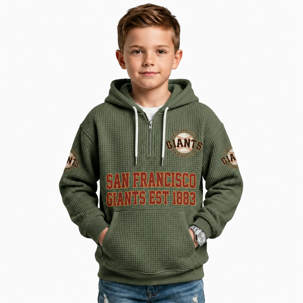 San Francisco Giants EST 1883 Printed Waffle Quarter Zip Baseball Fan Hoodie For Kids
