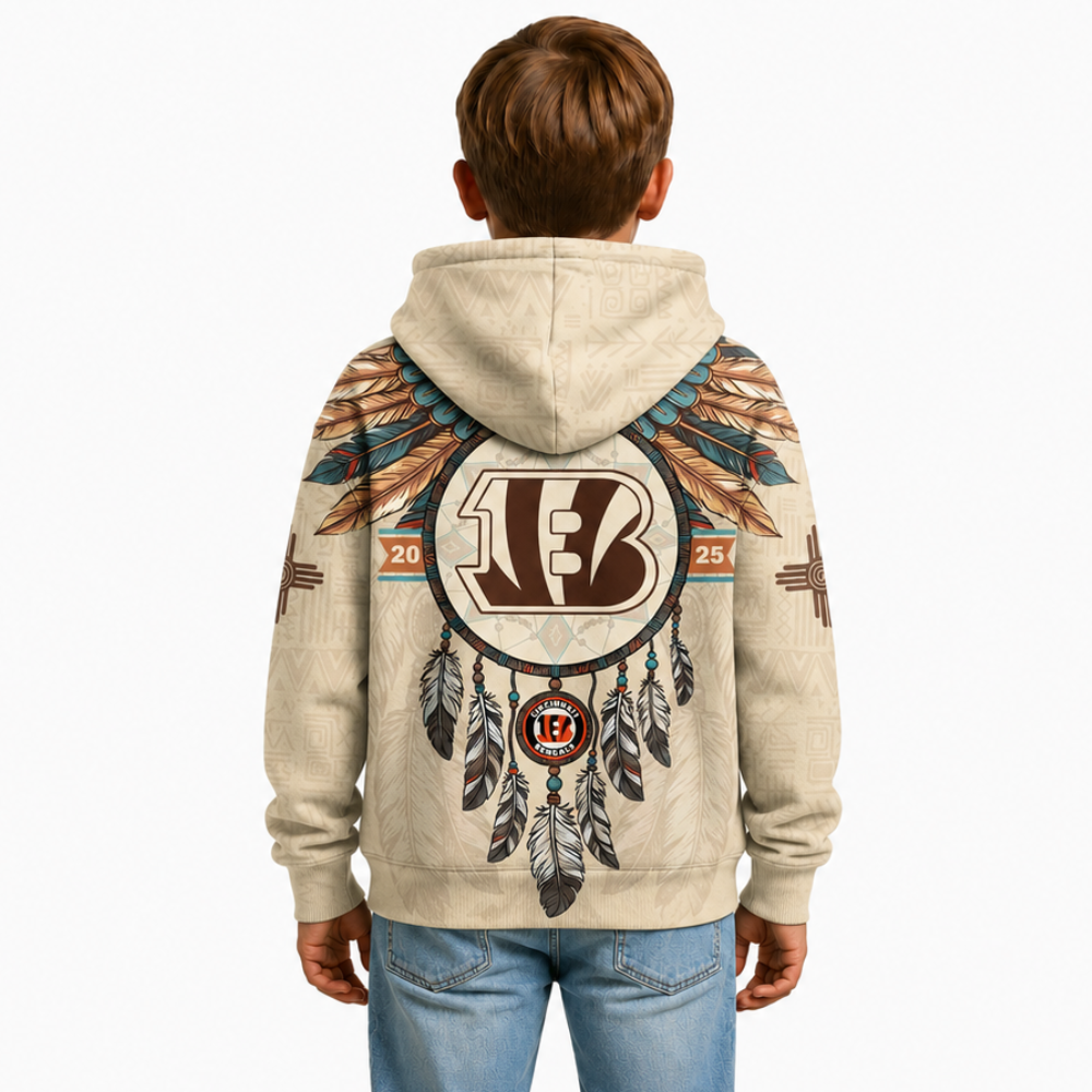 Native Heritage Inspired Cincinnati Bengals Football Fan Printed Pullover Hoodie For Kids