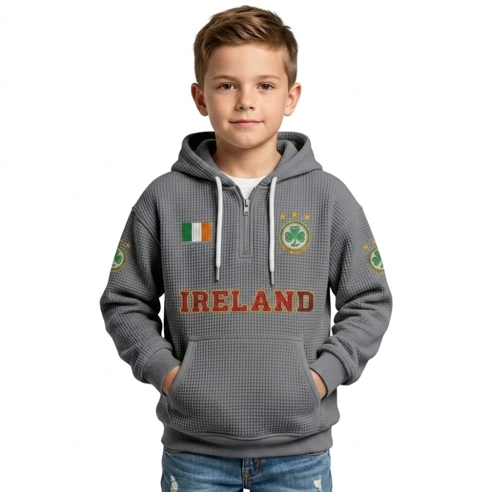 Ireland Printed Waffle Quarter Zip Football Fan Hoodie For Kids
