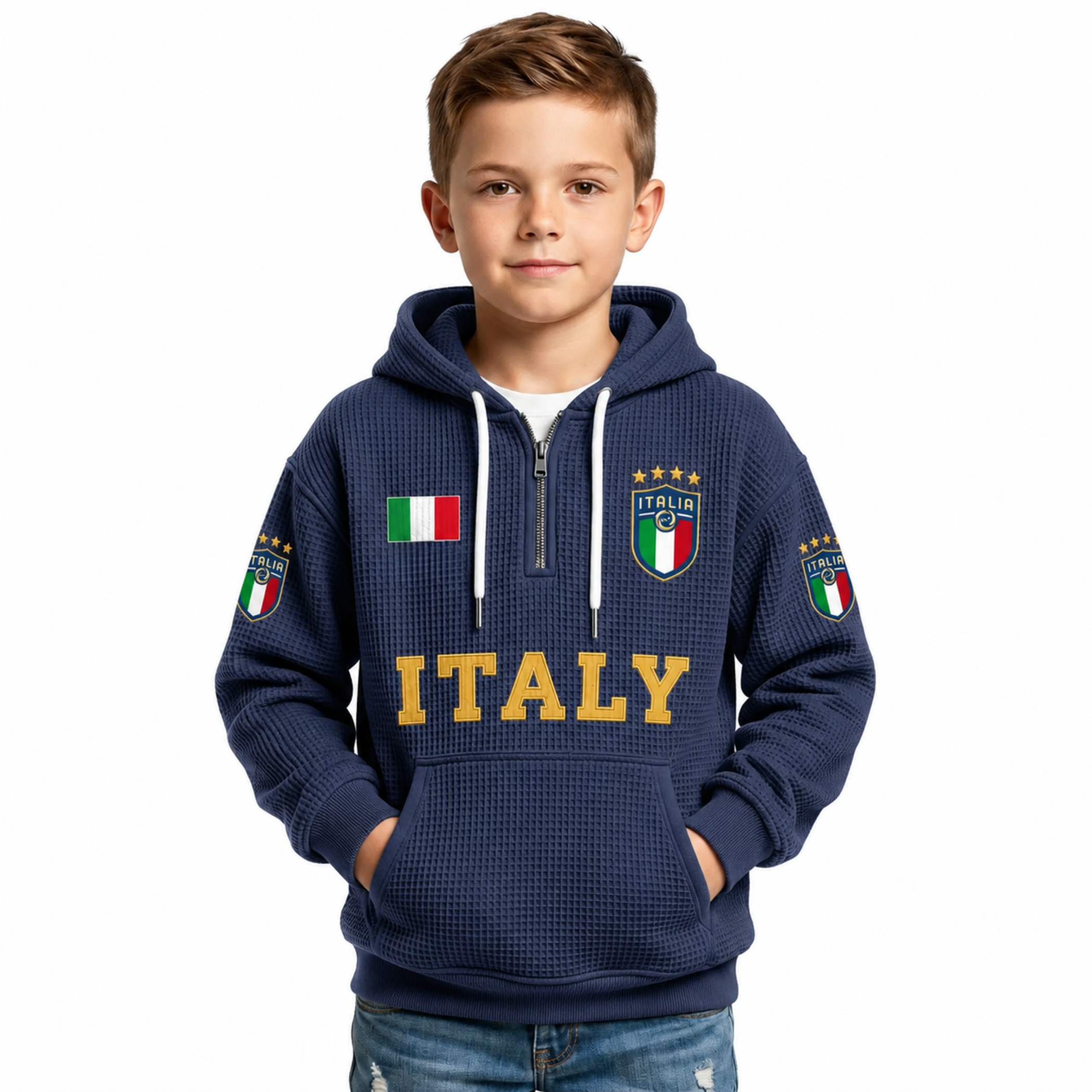 Italy Printed Waffle Quarter Zip Football Fan Hoodie For Kids