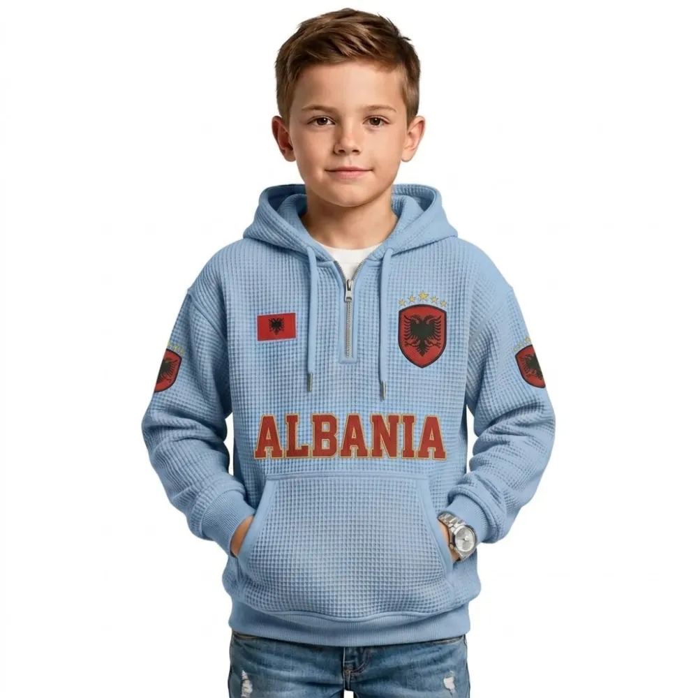 Albania Printed Waffle Quarter Zip Football Fan Hoodie For Kids