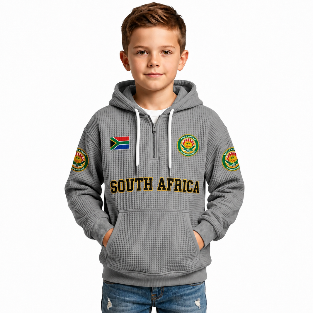 South Africa Printed Waffle Quarter Zip Football Fan Hoodie For Kids