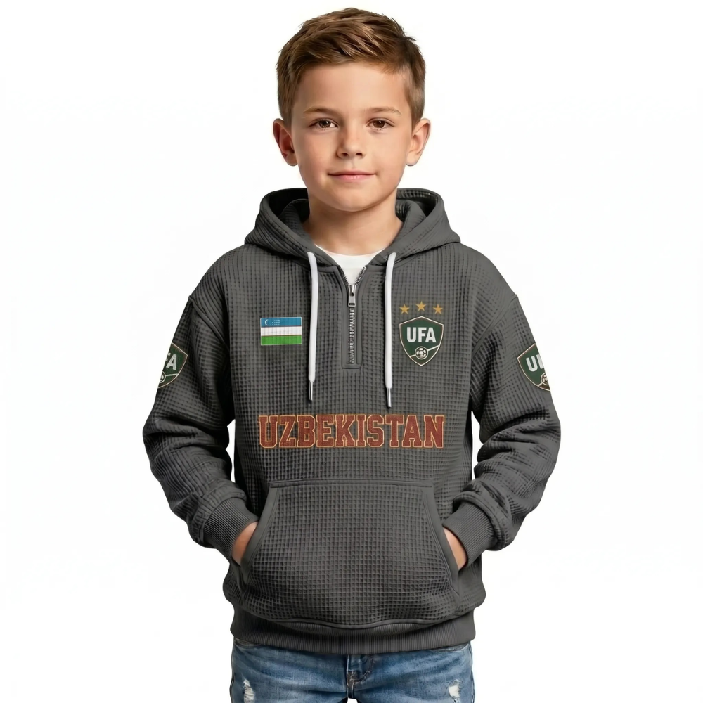 Uzbekistan Printed Waffle Quarter Zip Football Fan Hoodie For Kids