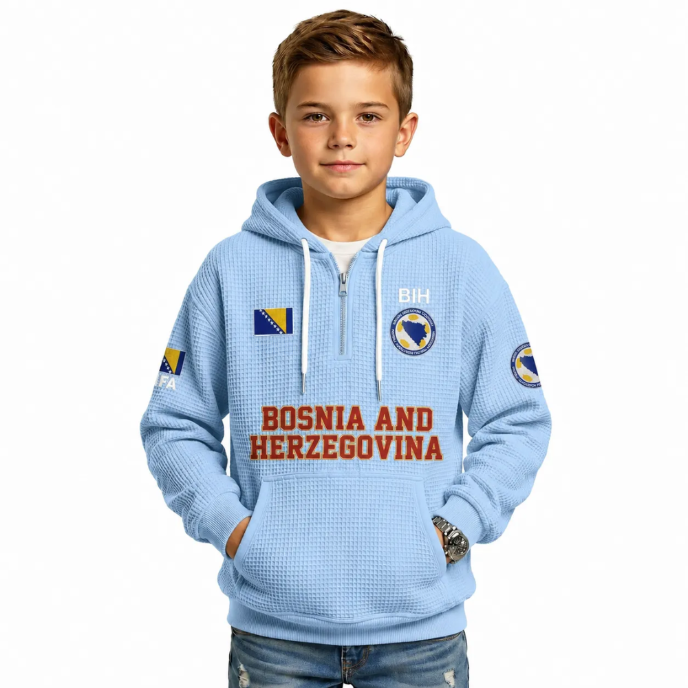 Bosnia And Herzegovina Printed Waffle Quarter Zip Football Fan Hoodie For Kids