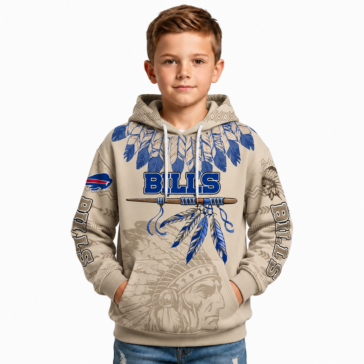 Personalized Native Heritage Themed Buffalo Bills Football Fan Pullover Hoodie For Kids