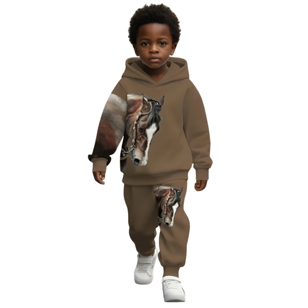 Hoodie And Pants Set With Horse Print For Boys