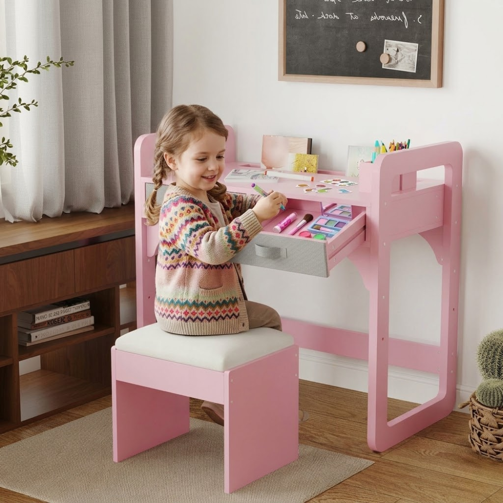 Kids Study Desk And Chair Set With Storage Drawer Soft Stool