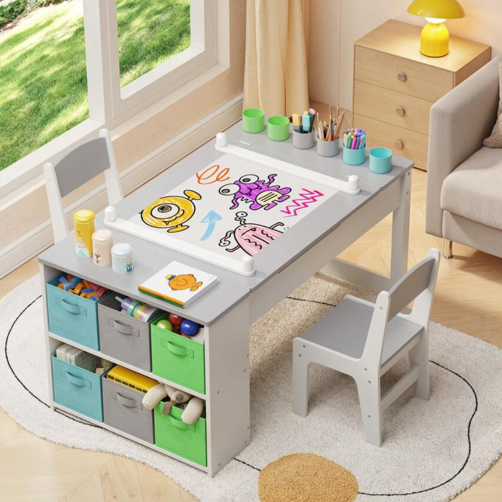 Multipurpose Kids Play Table And Chair Set With Built In Storage Shelves