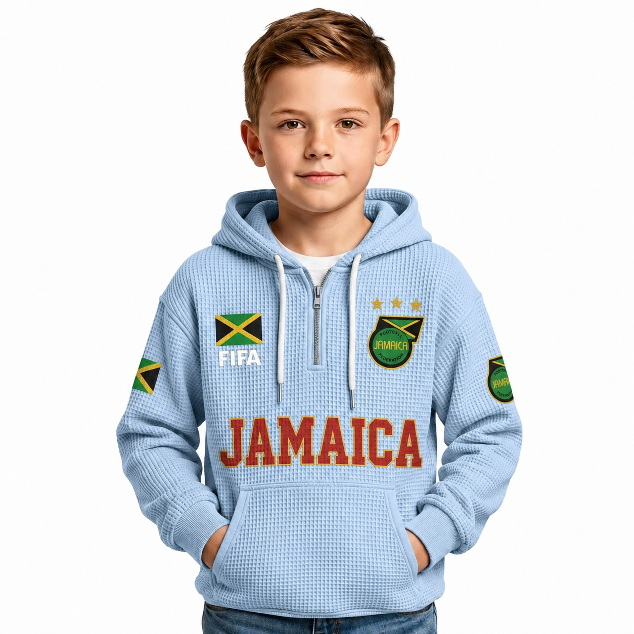 FIFA 2026 Jamaica Printed Waffle Quarter Zip Football Fan Hoodie For Kids