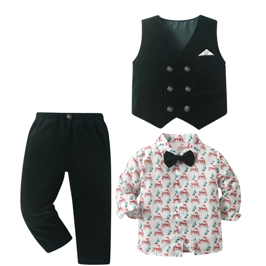 3 Piece Vest Shirt With Bow Tie And Pant Set For Boys
