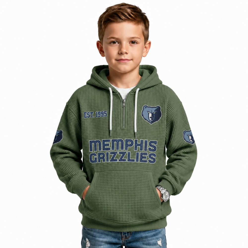 Memphis Grizzlies EST 1995 Printed Waffle Quarter Zip Basketball Fan Hoodie For Kids