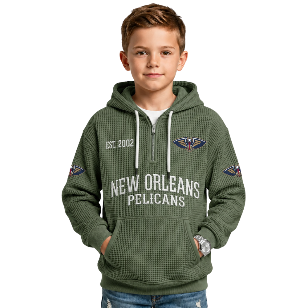 New Orleans Pelicans EST 2002 Printed Waffle Quarter Zip Basketball Fan Hoodie For Kids