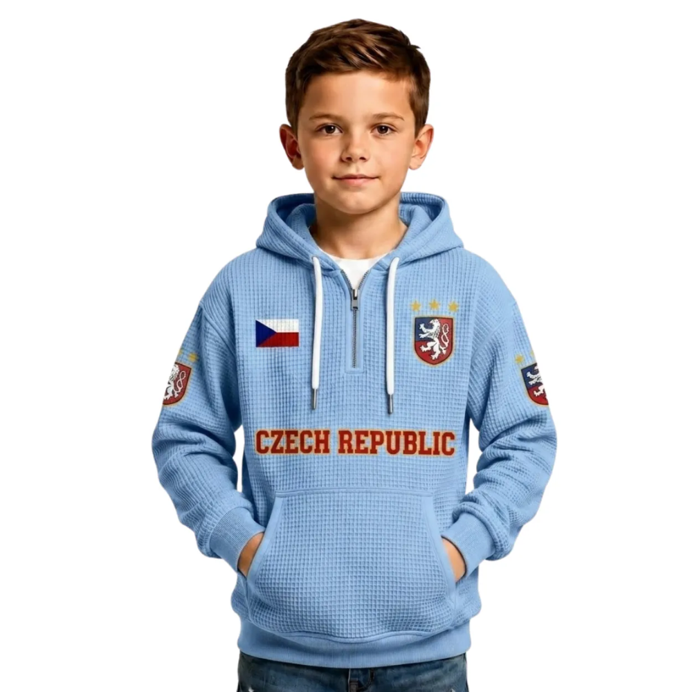 Czech Republic Printed Waffle Quarter Zip Football Fan Hoodie For Kids
