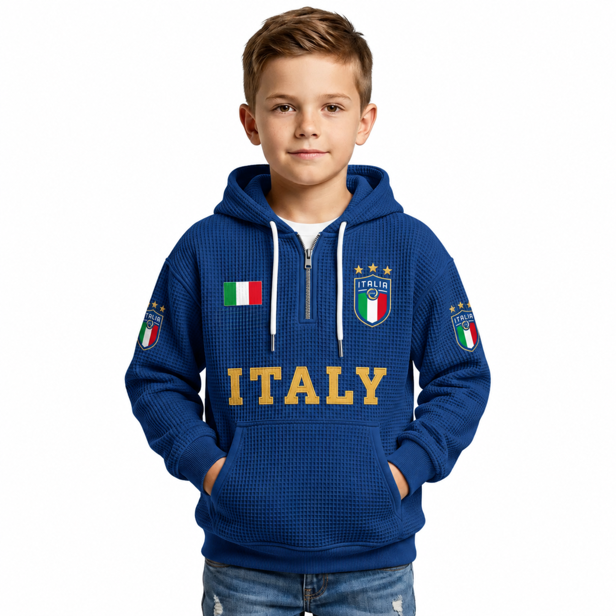 Italy Printed Waffle Quarter Zip Football Fan Hoodie For Kids