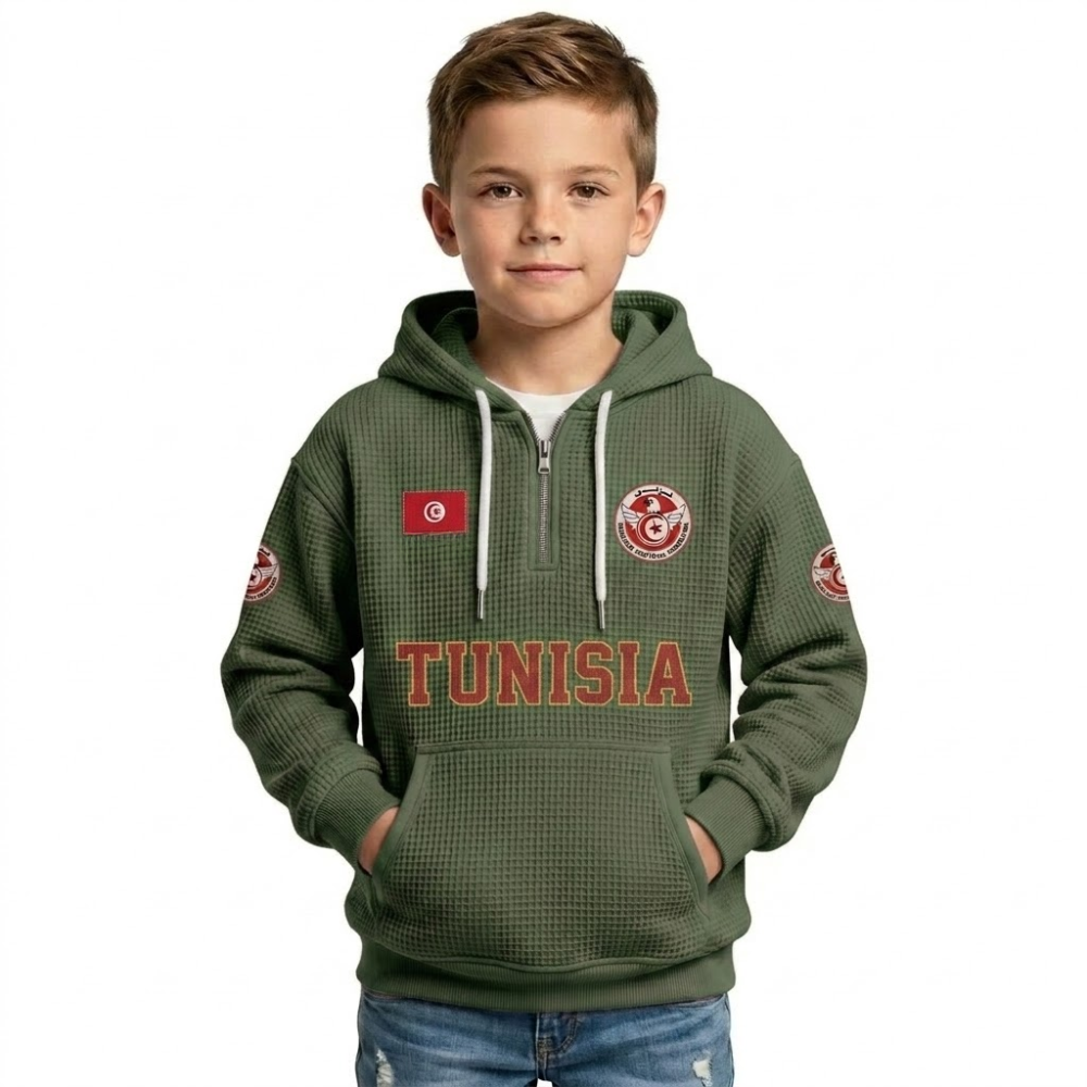 Tunisia Printed Waffle Quarter Zip Football Fan Hoodie For Kids