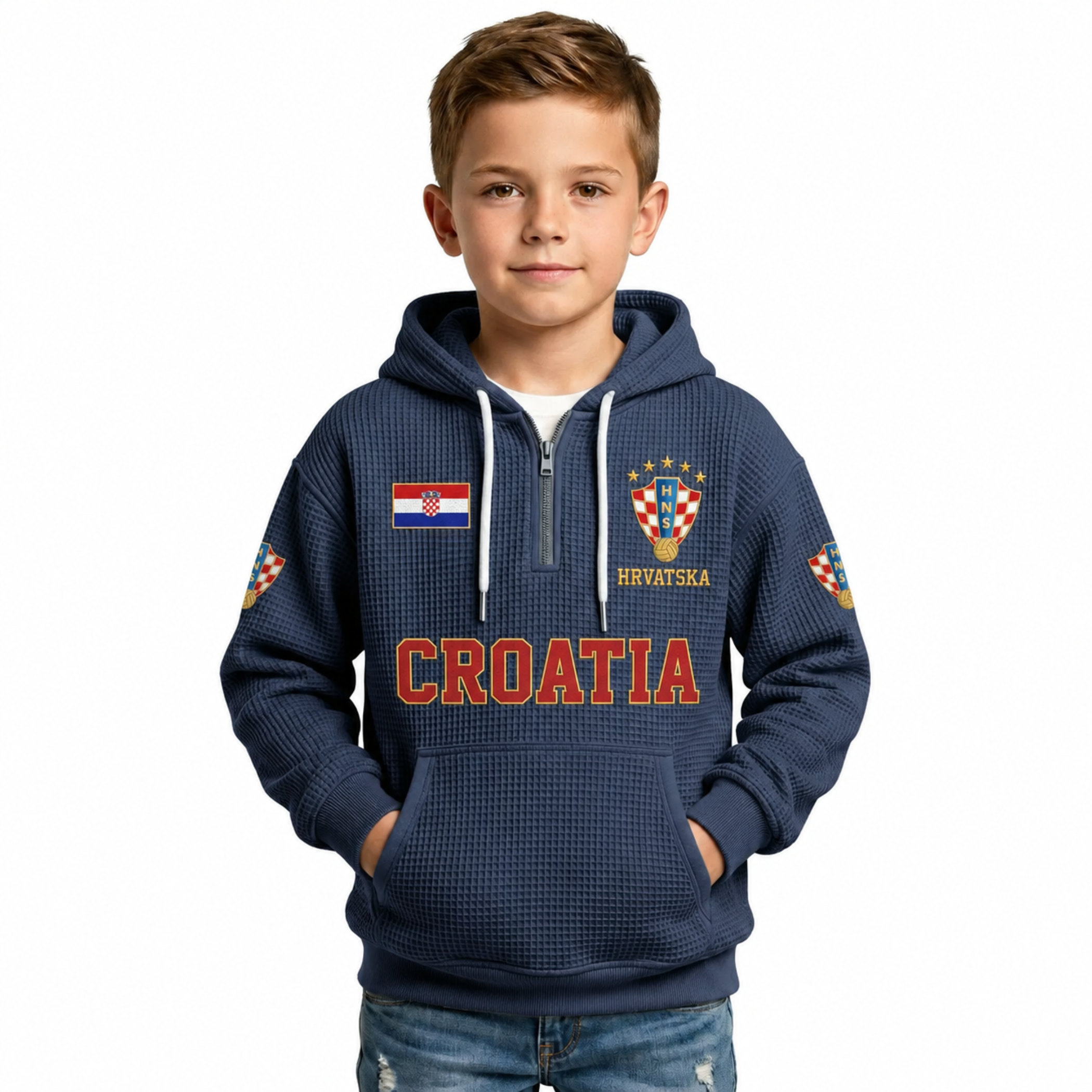Croatia Printed Waffle Quarter Zip Football Fan Hoodie For Kids