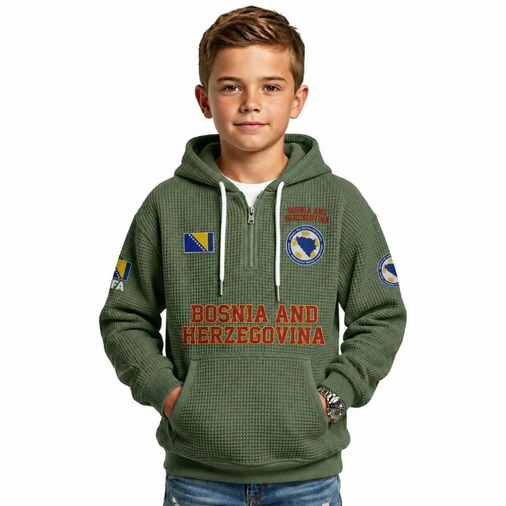 Bosnia And Herzegovina Printed Waffle Quarter Zip Football Fan Hoodie For Kids