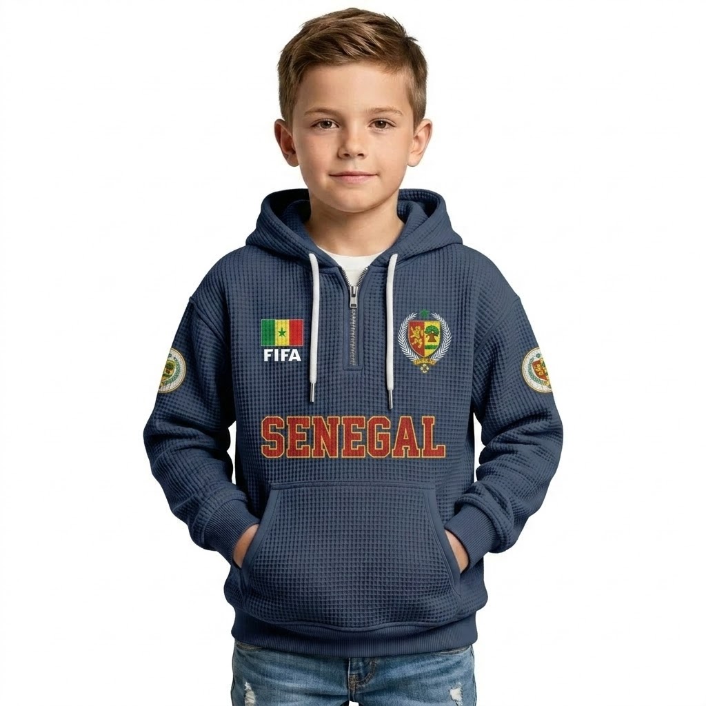 FIFA 2026 Senegal Printed Waffle Quarter Zip Football Fan Hoodie For Kids