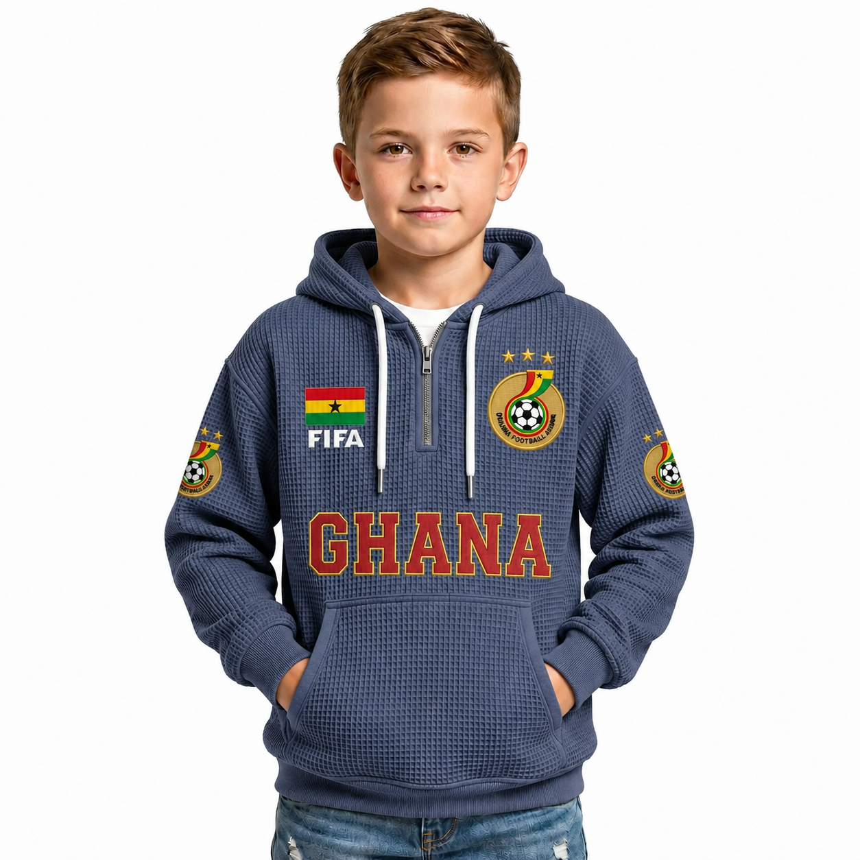 FIFA 2026 Ghana Printed Waffle Quarter Zip Football Fan Hoodie For Kids
