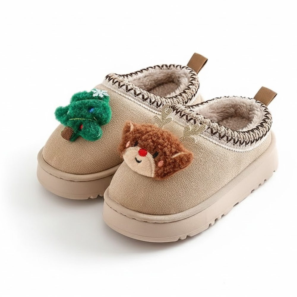 Christmas Reindeer Slip On Slippers With Plush Warm Winter Lining