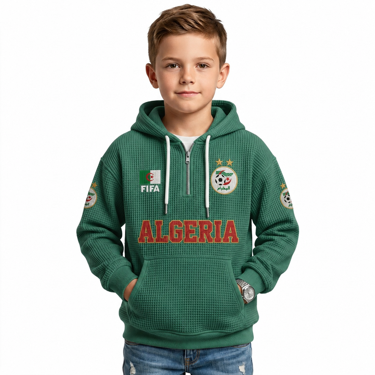 FIFA 2026 Algeria Printed Waffle Quarter Zip Football Fan Hoodie For Kids