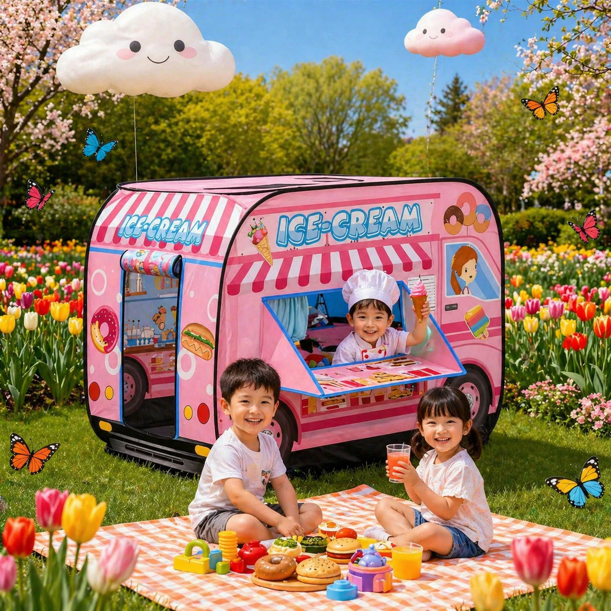 Foldable Pink Ice Cream Truck Playhouse Tent