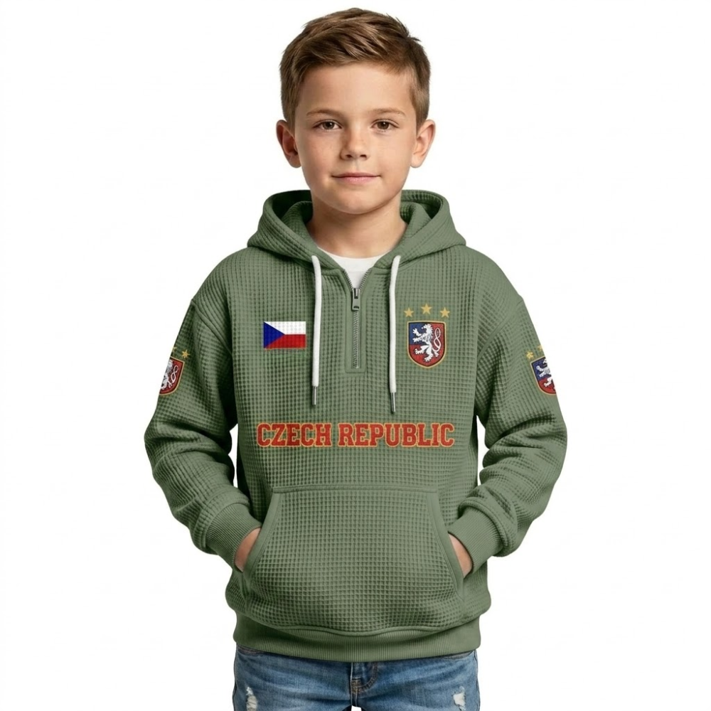 Czech Republic Printed Waffle Quarter Zip Football Fan Hoodie For Kids