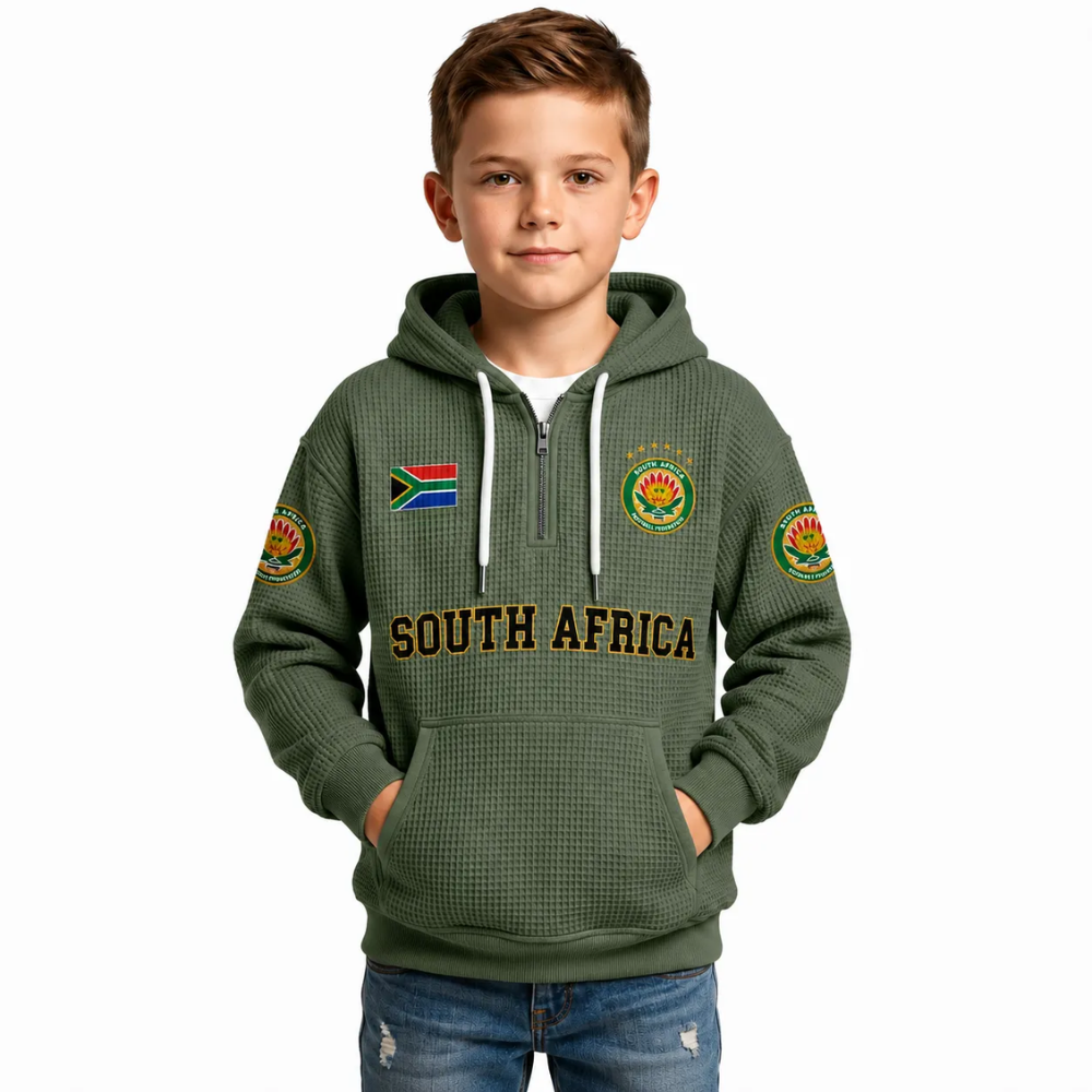 South Africa Printed Waffle Quarter Zip Football Fan Hoodie For Kids