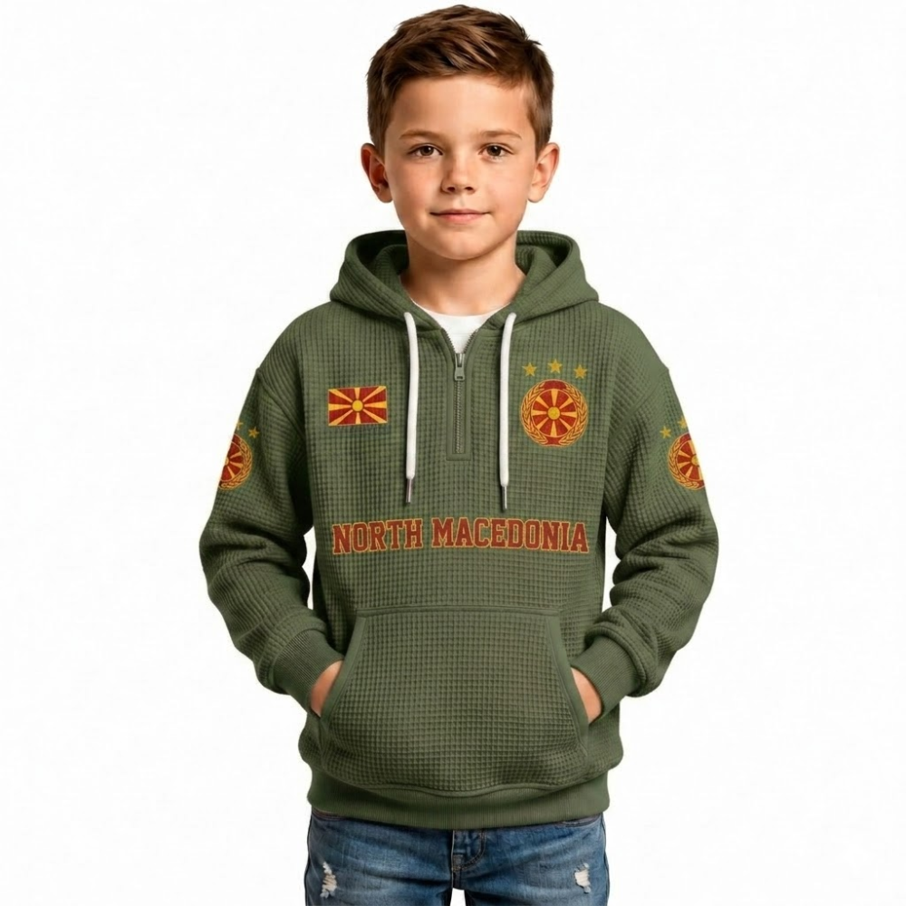 North Macedonia Printed Waffle Quarter Zip Football Fan Hoodie For Kids