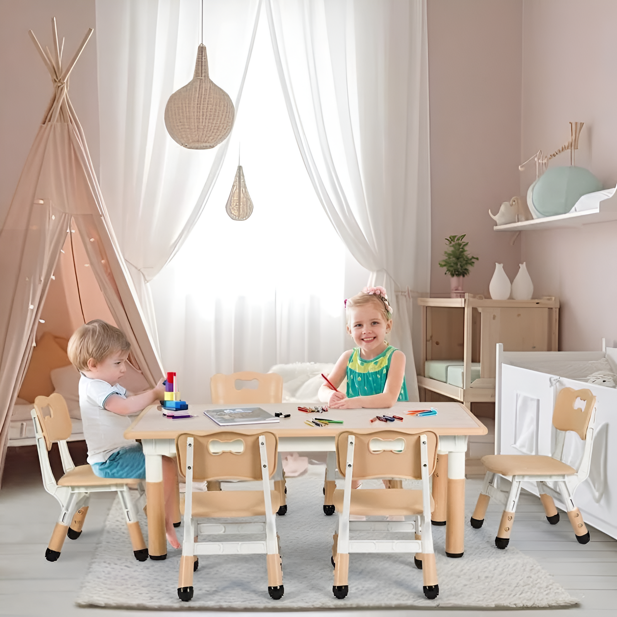 Kids Table And 6 Chairs Set Height Adjustable Table Preschool Activity Art Craft Table