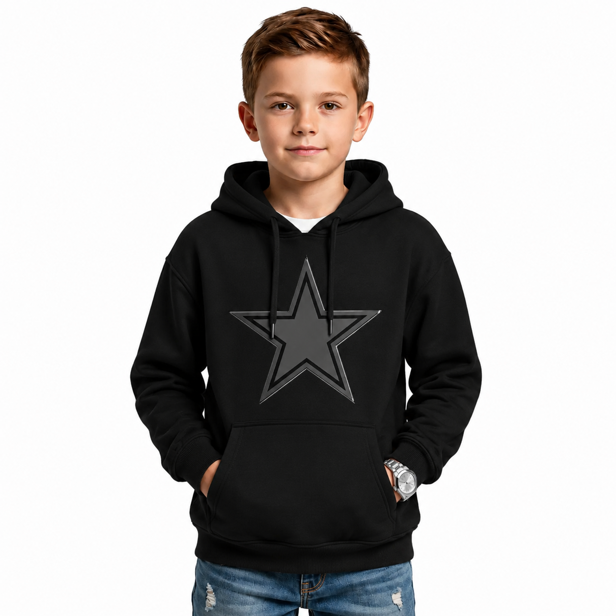 Cowboys Printed Pullover Hoodie With Minimal Star Graphic For Kids