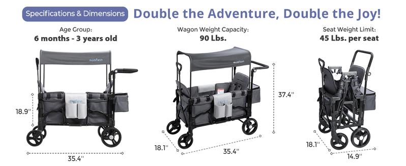 Momfann Baby Stroller Wagon, All-Terrain 2 Seaters Baby Wagon with Canopy, Parent Organizer, Adjustable Handle & Pull Bar for Infants and Toddlers