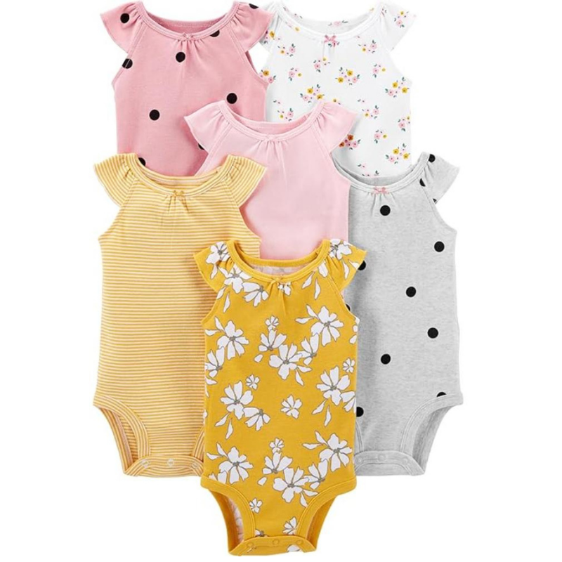 Baby Girls 6 Pack Assorted Pattern Sleeveless Bodysuits