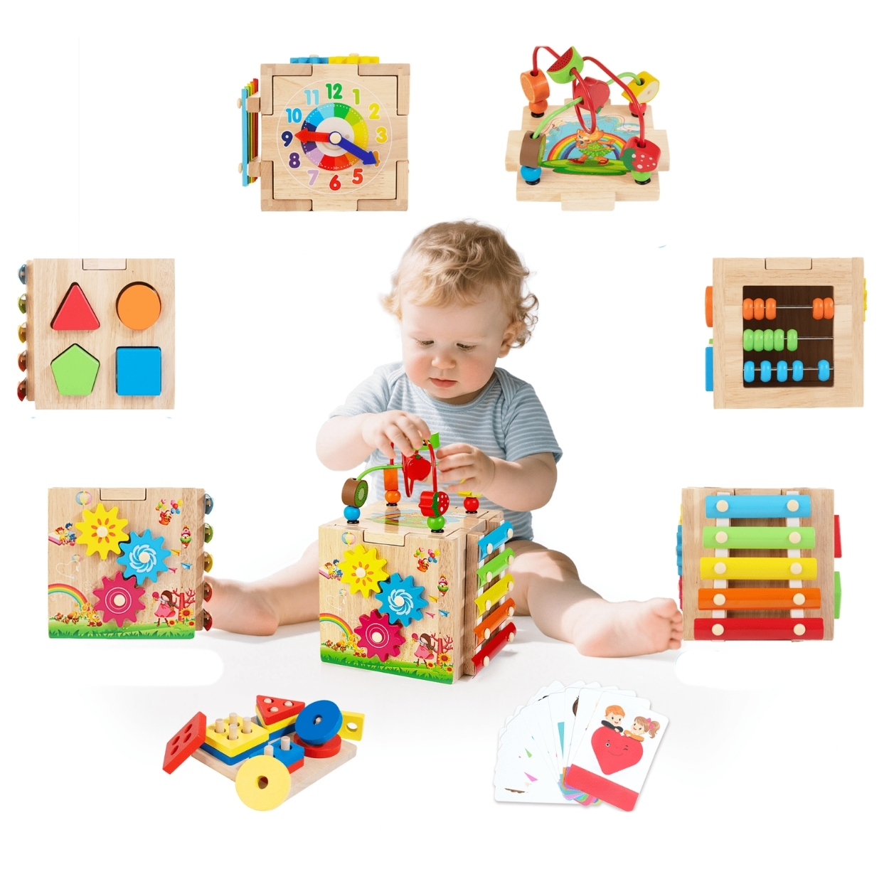 8 In 1 Wooden Baby Activity Cube Xylophone Shape Sorter Abacus For Toddlers