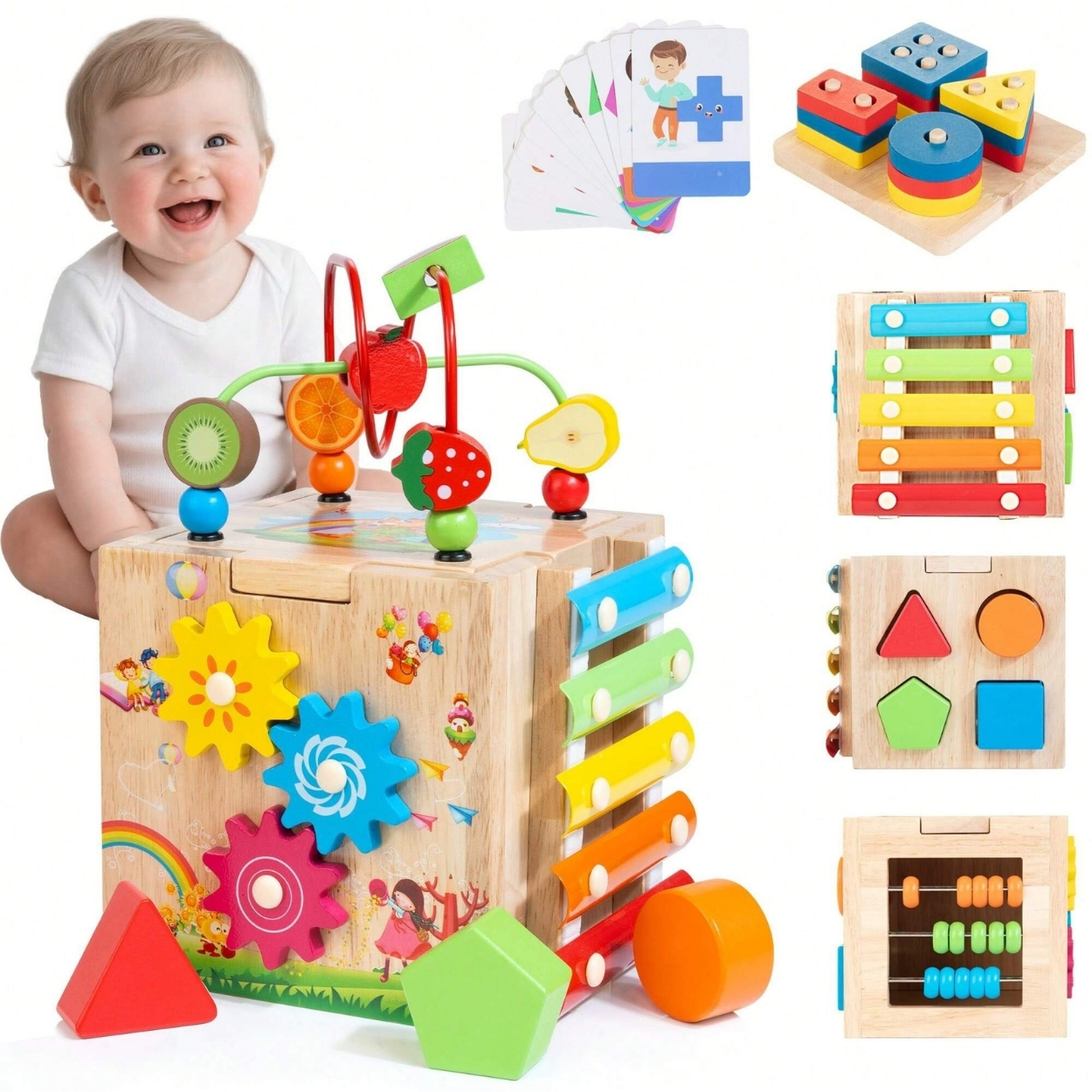 8 In 1 Wooden Baby Activity Cube Xylophone Shape Sorter Abacus For Toddlers