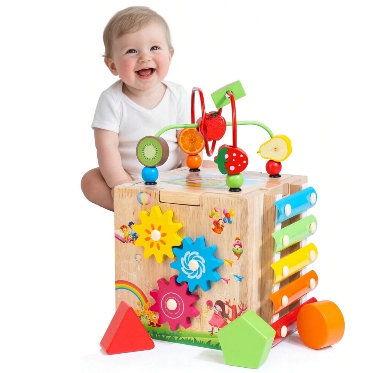 8 In 1 Wooden Baby Activity Cube Xylophone Shape Sorter Abacus For Toddlers