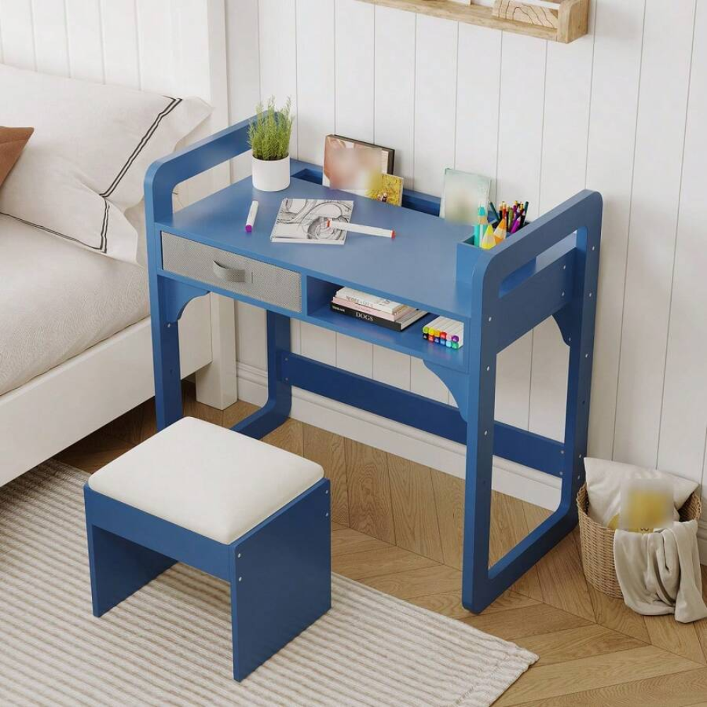 Kids Study Desk And Chair Set With Storage Drawer Soft Stool