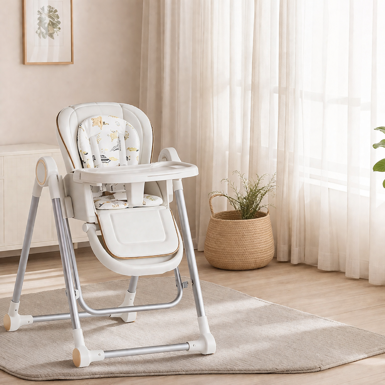Chiquerid Baby High Chair Foldable High Chair Adjustable 2 In 1 High Chair Swing Chair With 4 Locking Wheels Double Tray