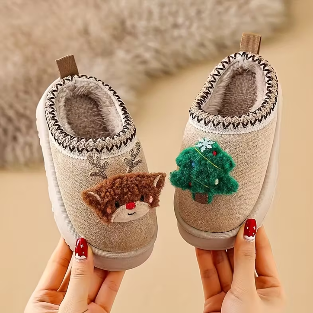 Christmas Reindeer Slip On Slippers With Plush Warm Winter Lining
