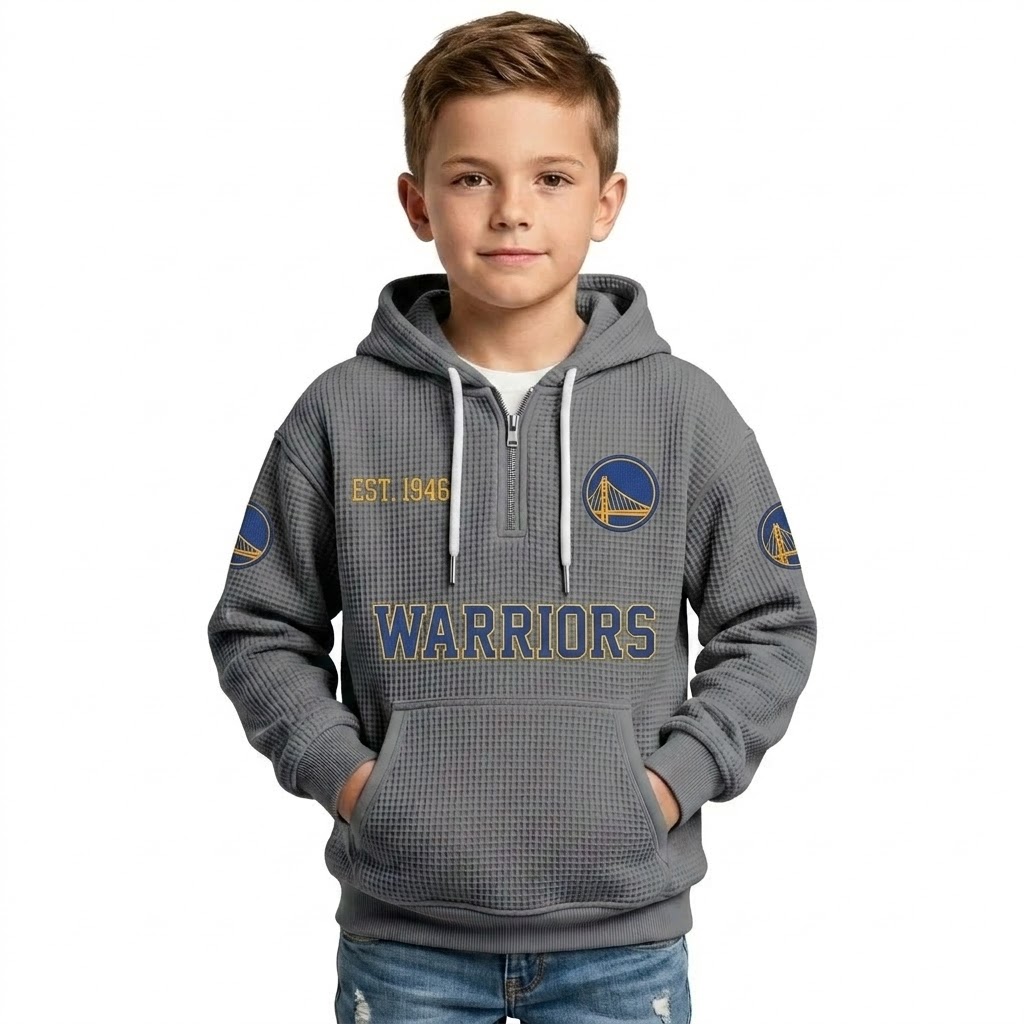 Golden State Warriors EST 1946 Printed Waffle Quarter Zip Basketball Fan Hoodie For Kids