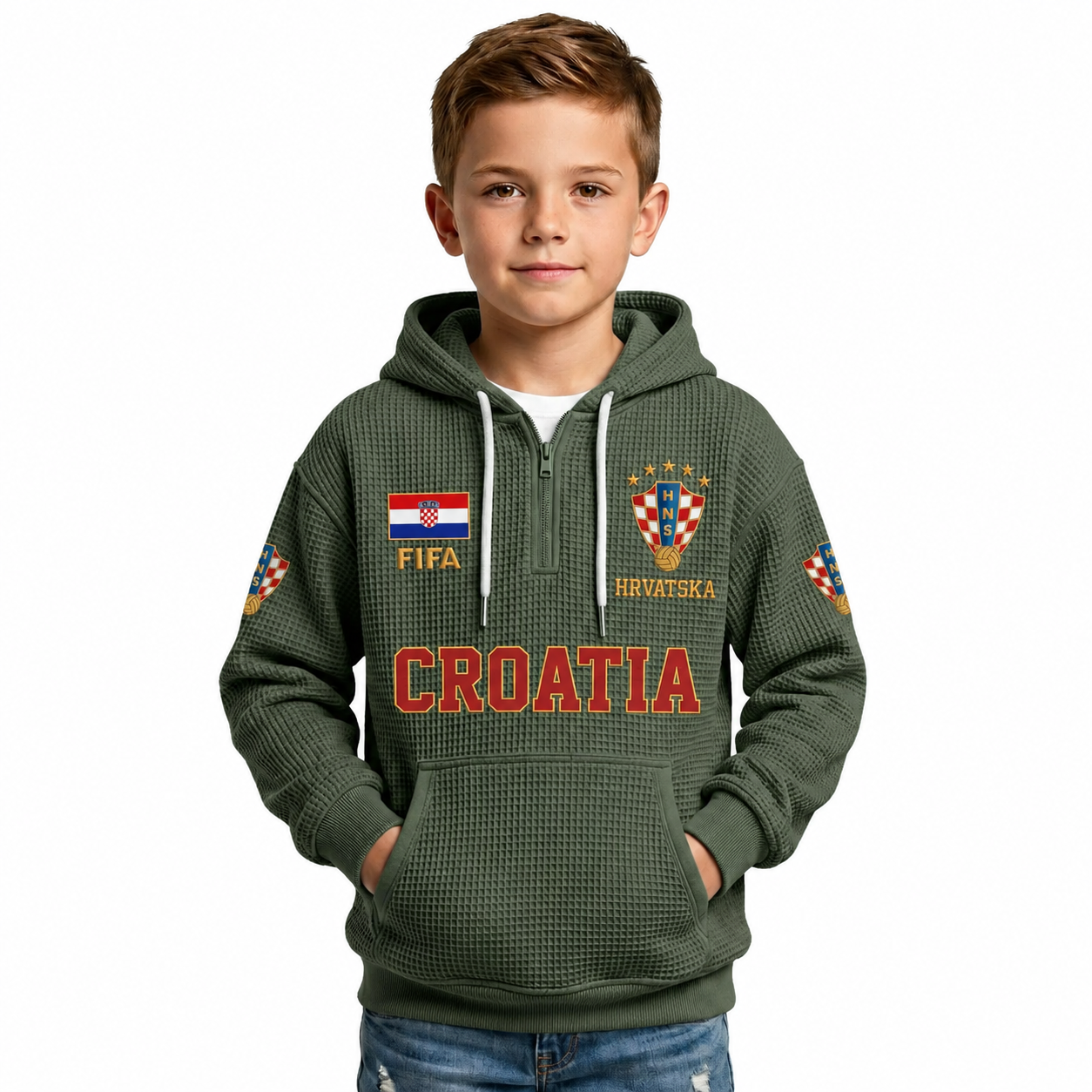 FIFA 2026 Croatia Printed Waffle Quarter Zip Football Fan Hoodie For Kids