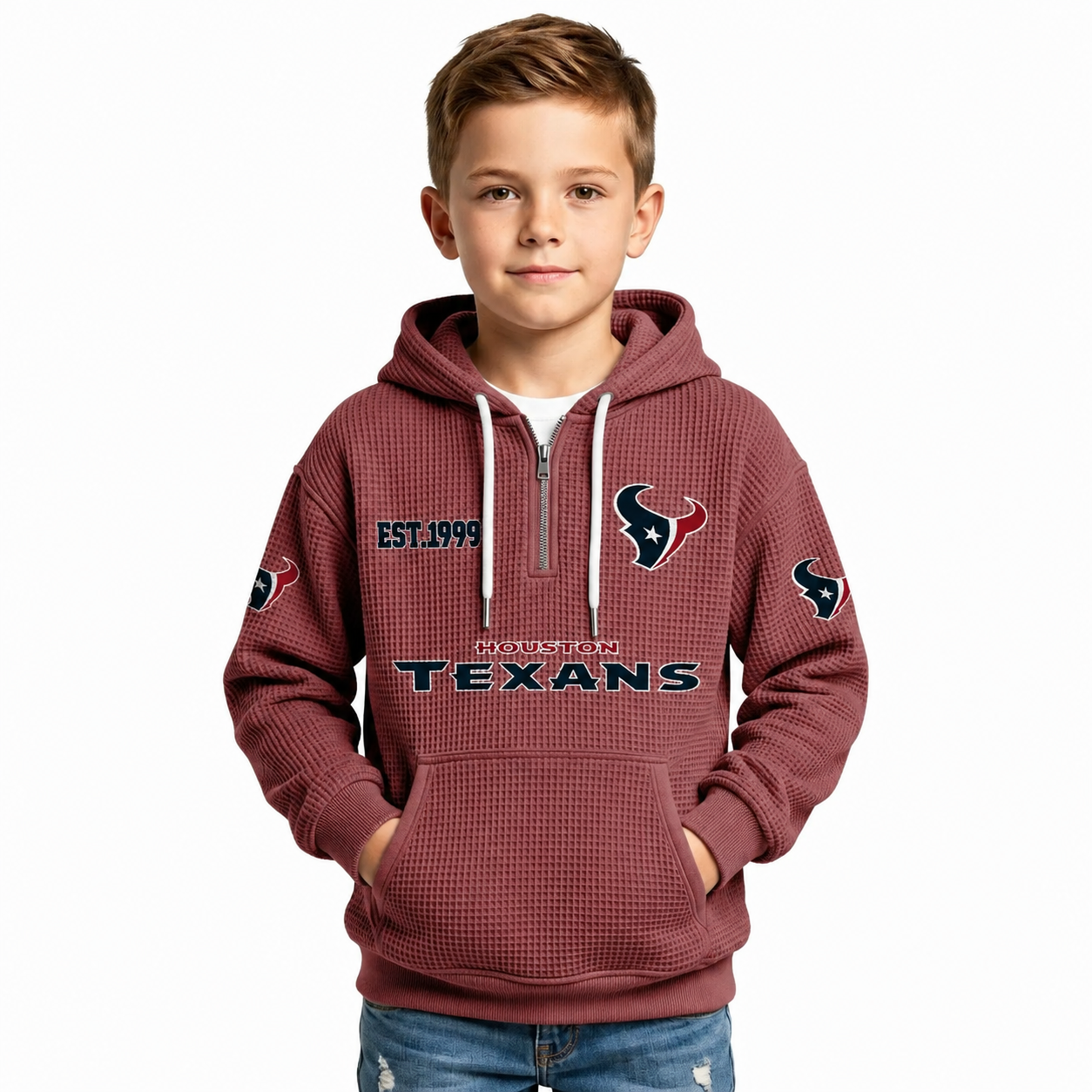 Houston Texans Football Themed Quarter Zip Waffle Hoodie For Kids